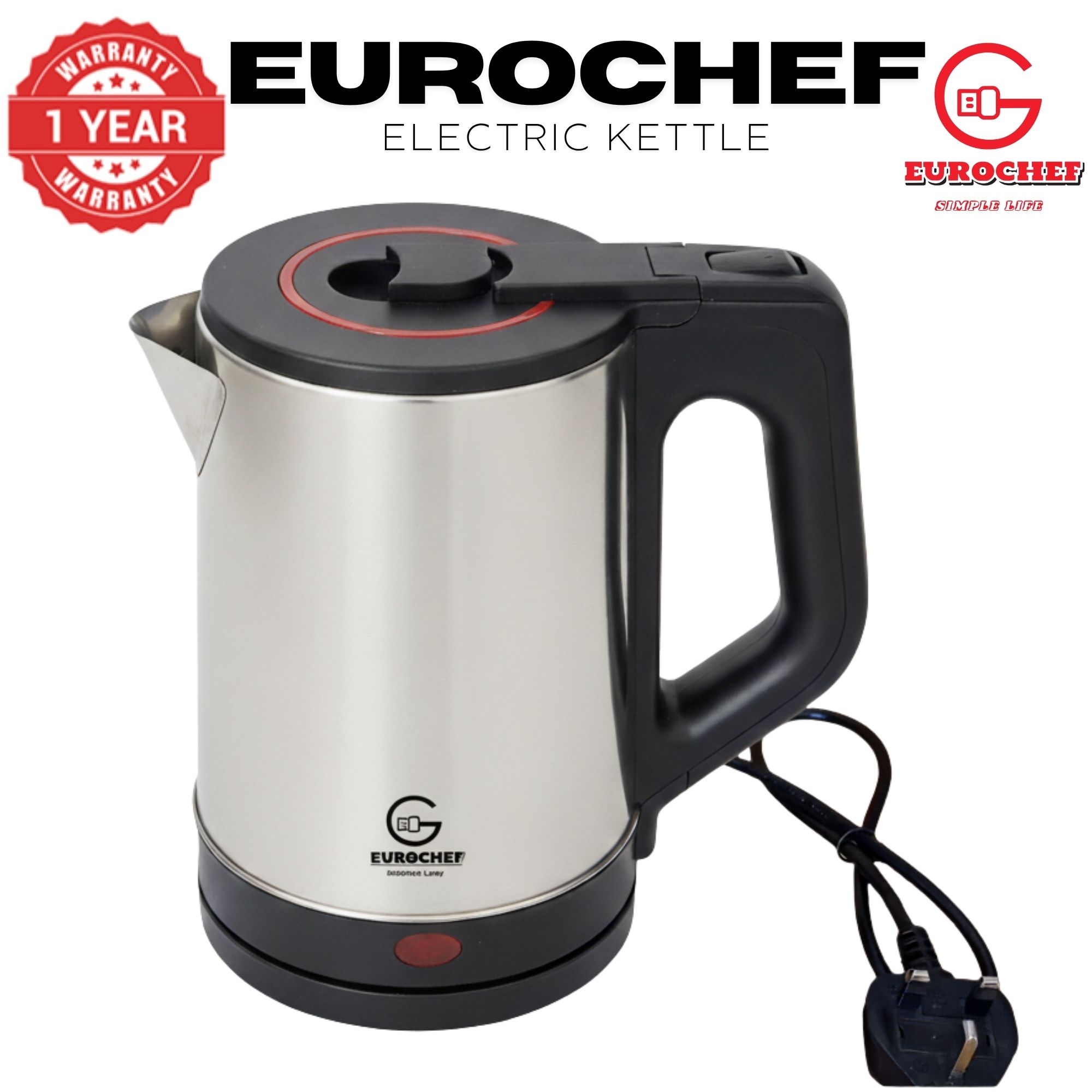 【Limited Offer】 EUROCHEF EC-K12  2 L Stainless steel Electric Cordless Kettle Electric Jug for boiling water Kitchen Appliaance