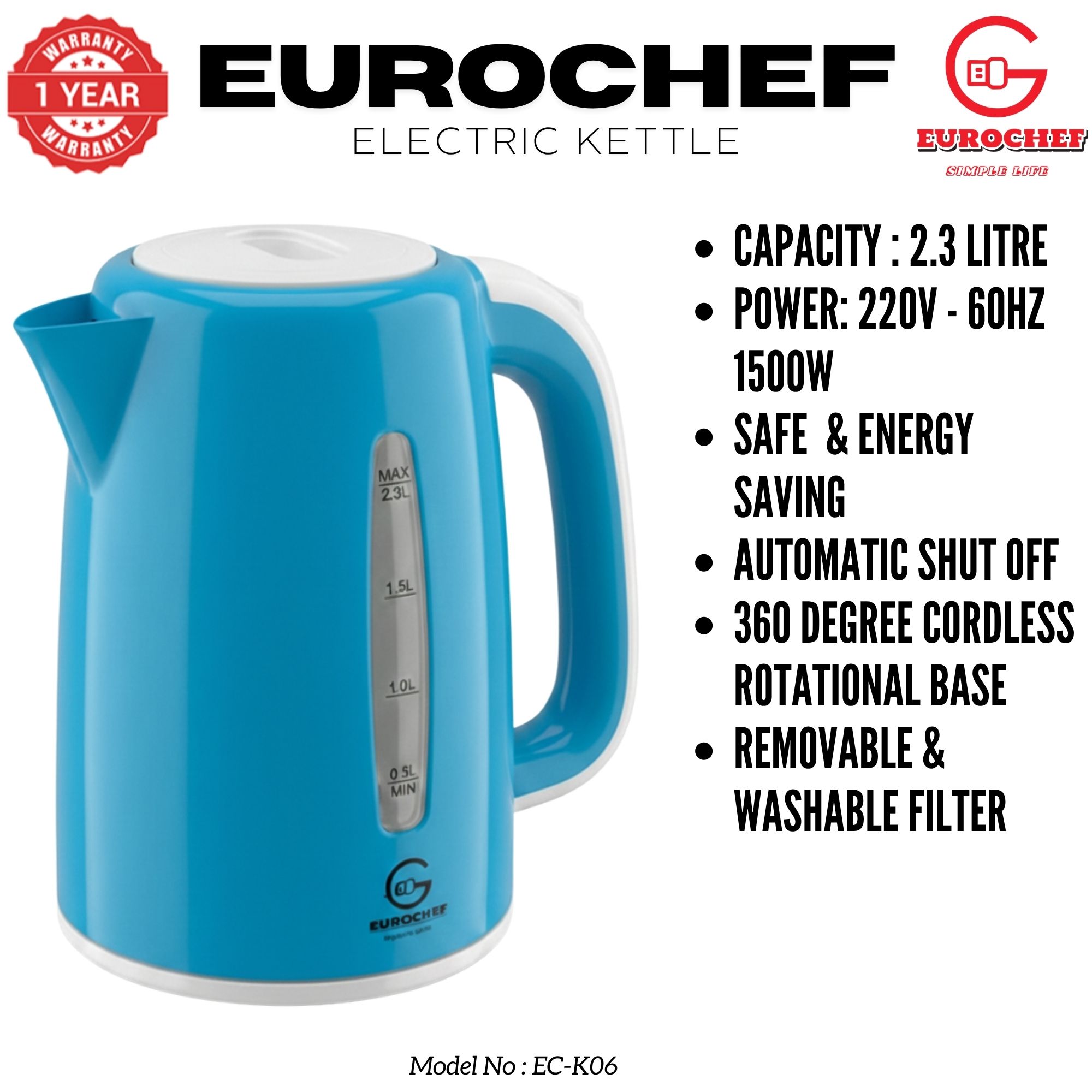 【Limited Offer】 EUROCHEF EC-K06 2.3L Plastic Electric Cordless Kettle Electric Jug for boiling water Kitchen Appliance(1 YR WARRANTY) -PINK BLUE WHITE