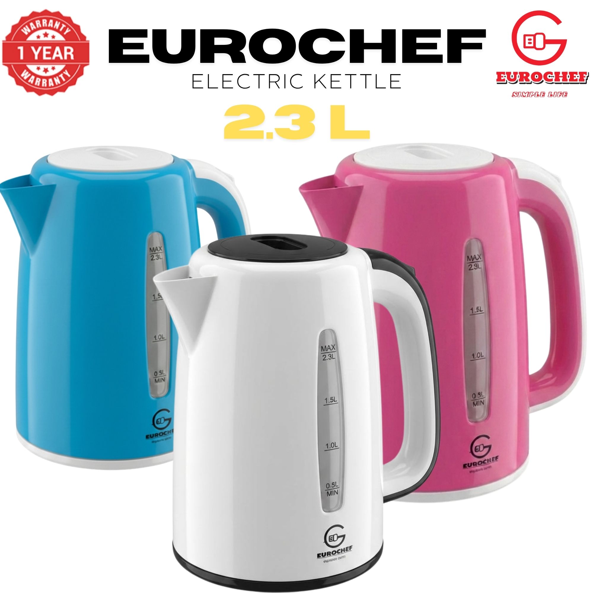 【Limited Offer】 EUROCHEF EC-K06 2.3L Plastic Electric Cordless Kettle Electric Jug for boiling water Kitchen Appliance(1 YR WARRANTY) -PINK BLUE WHITE