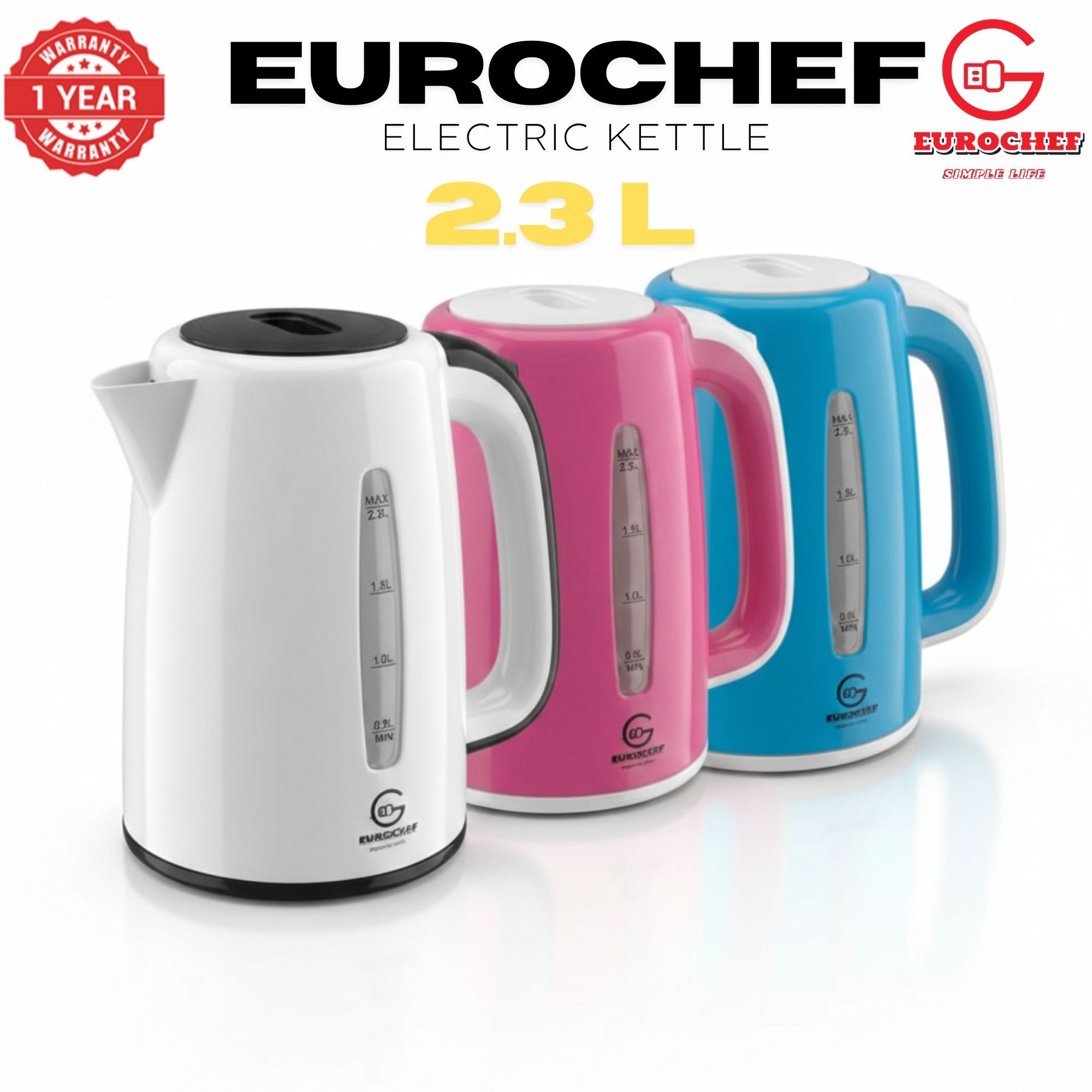 【Limited Offer】 EUROCHEF EC-K06 2.3L Plastic Electric Cordless Kettle Electric Jug for boiling water Kitchen Appliance(1 YR WARRANTY) -PINK BLUE WHITE