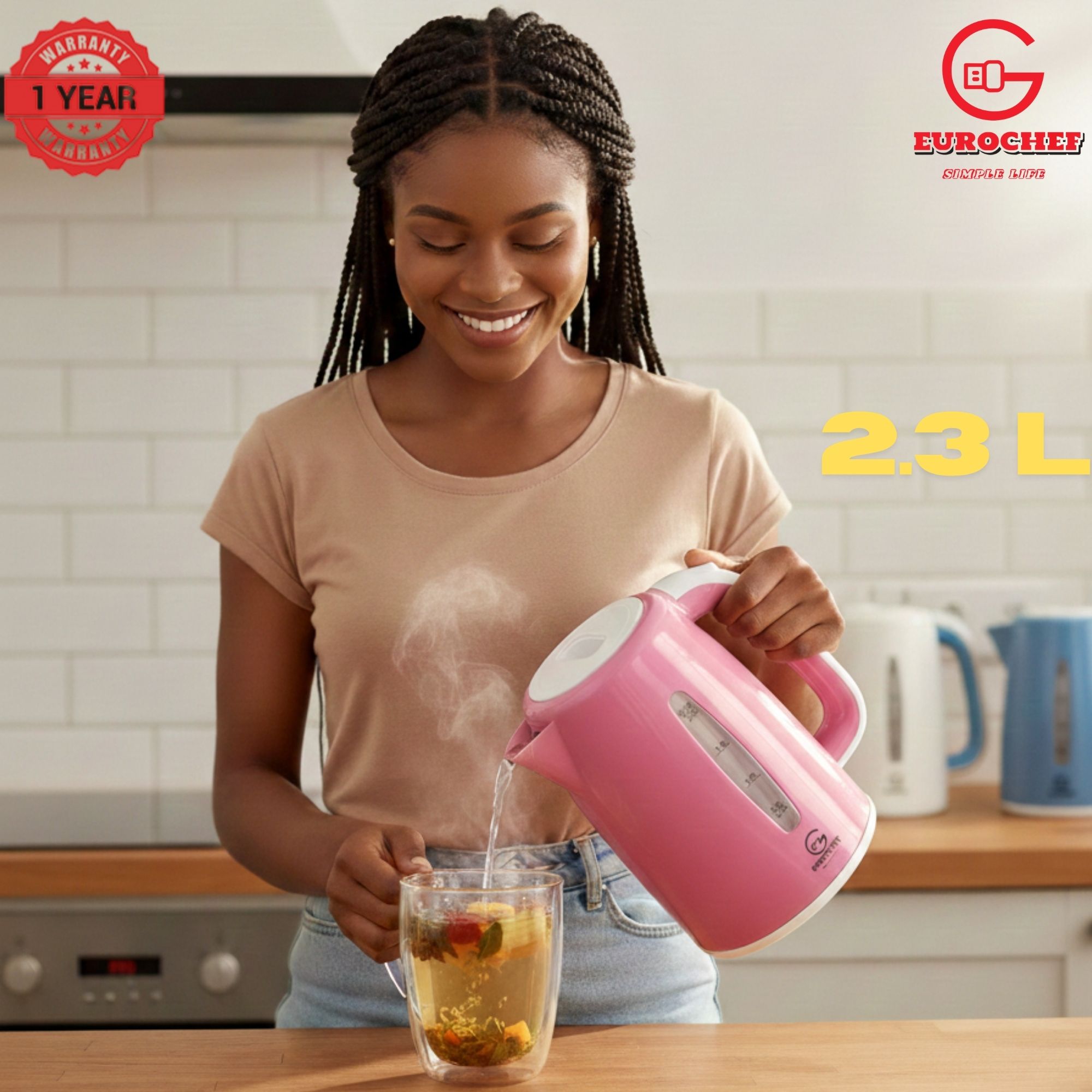 【Limited Offer】 EUROCHEF EC-K06 2.3L Plastic Electric Cordless Kettle Electric Jug for boiling water Kitchen Appliance(1 YR WARRANTY) -PINK BLUE WHITE