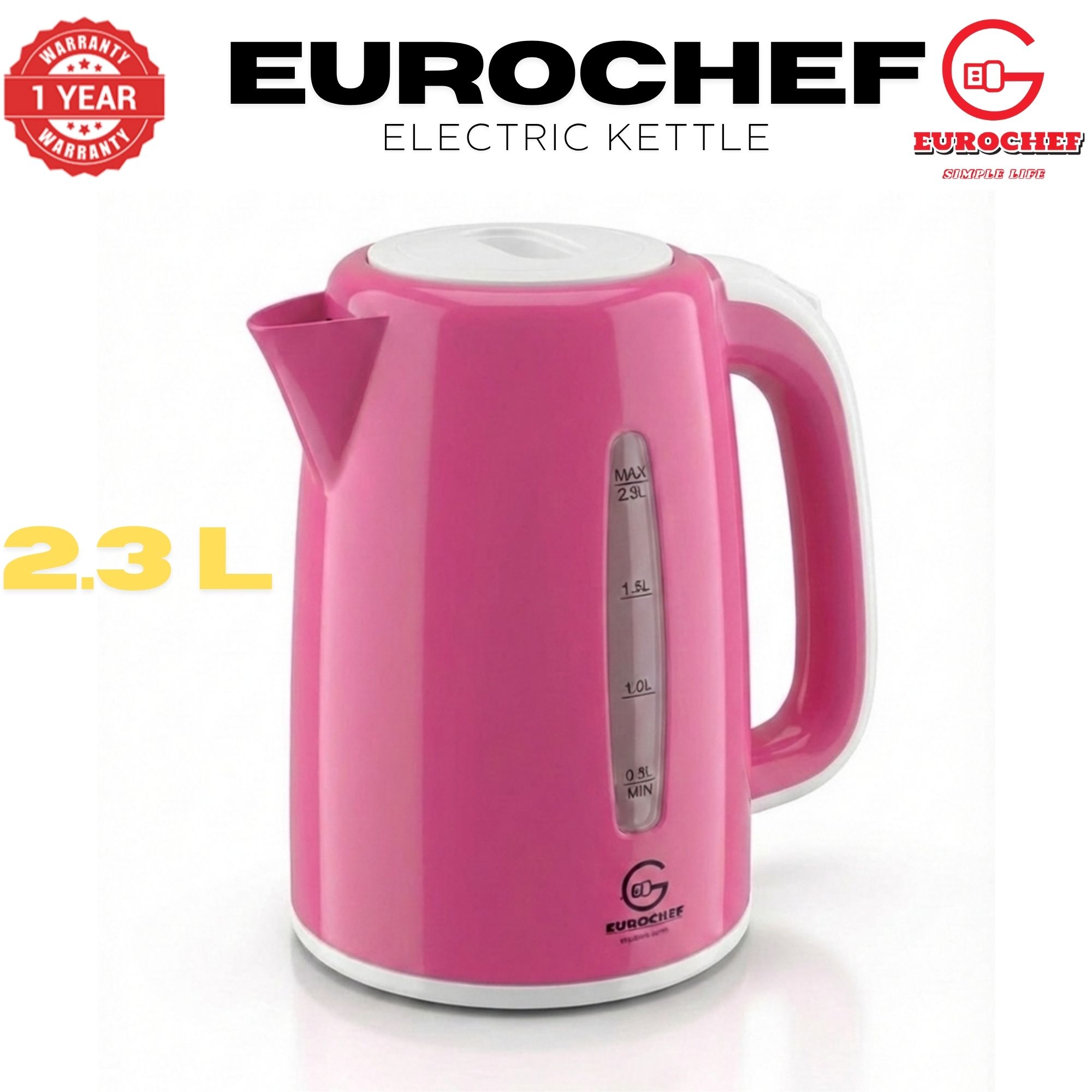 【Limited Offer】 EUROCHEF EC-K06 2.3L Plastic Electric Cordless Kettle Electric Jug for boiling water Kitchen Appliance(1 YR WARRANTY) -PINK BLUE WHITE