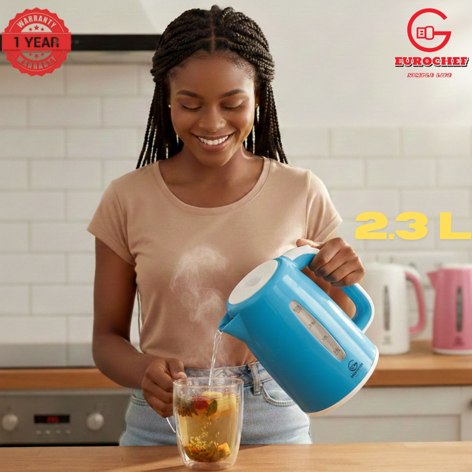 【Limited Offer】 EUROCHEF EC-K06 2.3L Plastic Electric Cordless Kettle Electric Jug for boiling water Kitchen Appliance(1 YR WARRANTY) -PINK BLUE WHITE