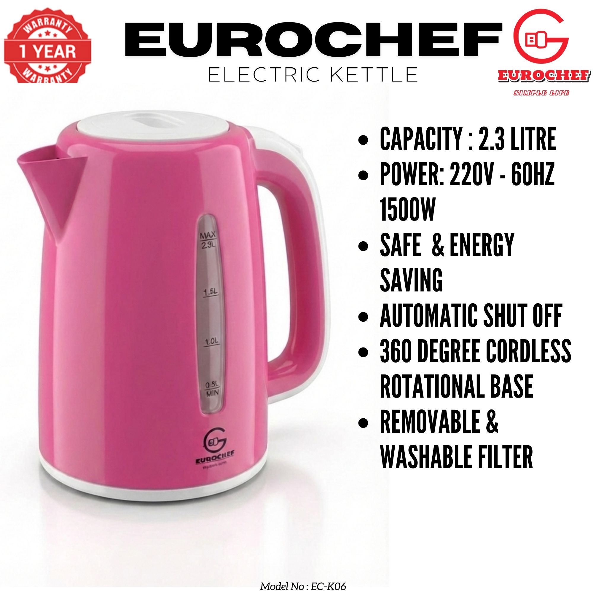 【Limited Offer】 EUROCHEF EC-K06 2.3L Plastic Electric Cordless Kettle Electric Jug for boiling water Kitchen Appliance(1 YR WARRANTY) -PINK BLUE WHITE