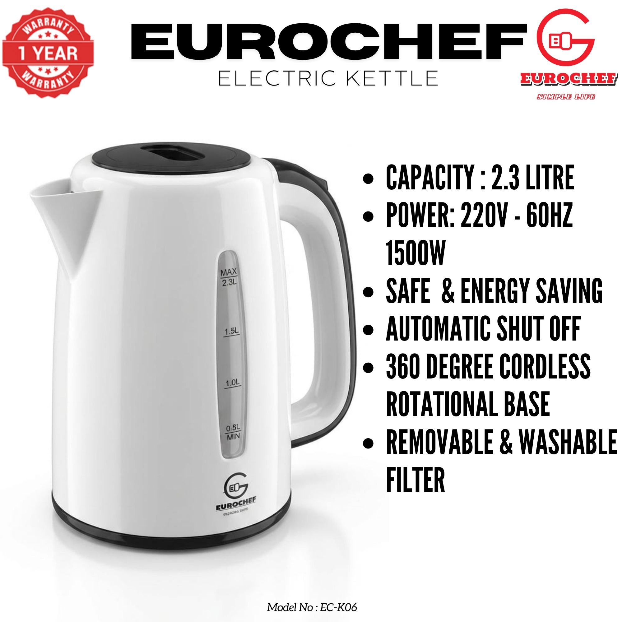 【Limited Offer】 EUROCHEF EC-K06 2.3L Plastic Electric Cordless Kettle Electric Jug for boiling water Kitchen Appliance(1 YR WARRANTY) -PINK BLUE WHITE