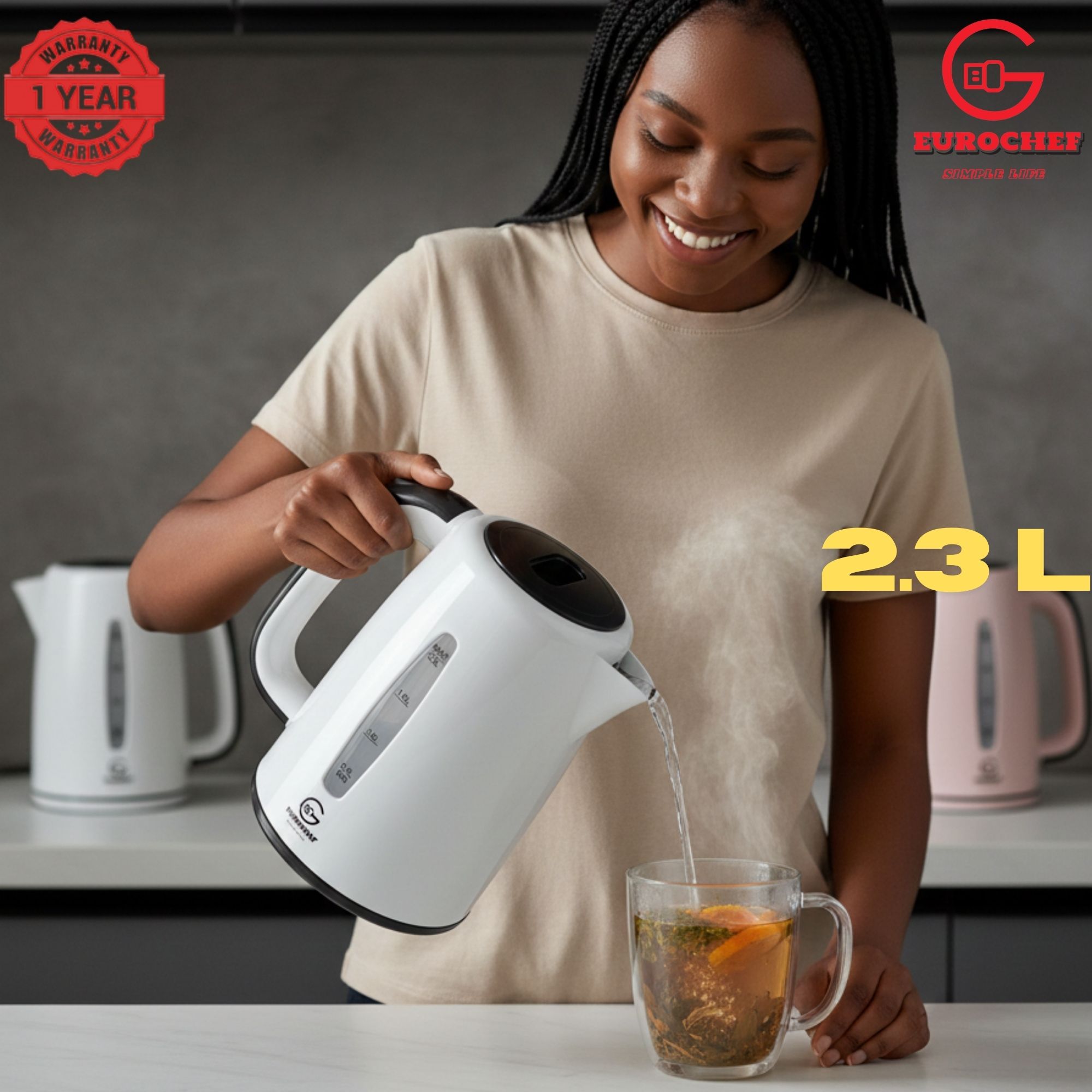 【Limited Offer】 EUROCHEF EC-K06 2.3L Plastic Electric Cordless Kettle Electric Jug for boiling water Kitchen Appliance(1 YR WARRANTY) -PINK BLUE WHITE