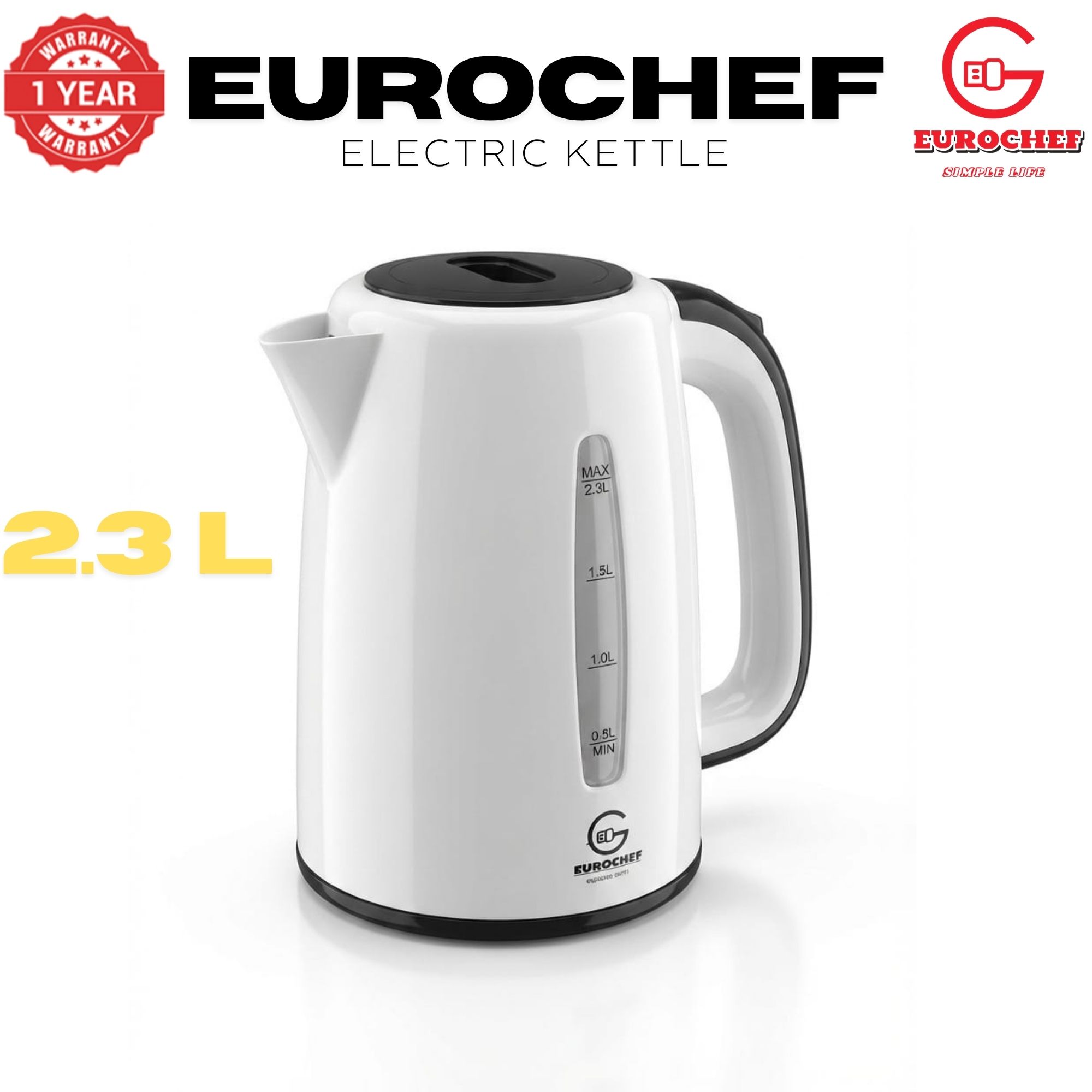 【Limited Offer】 EUROCHEF EC-K06 2.3L Plastic Electric Cordless Kettle Electric Jug for boiling water Kitchen Appliance(1 YR WARRANTY) -PINK BLUE WHITE