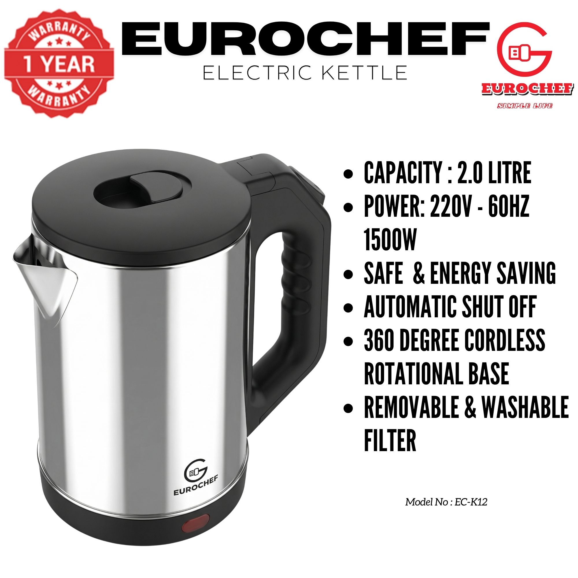 【Limited Offer】 EUROCHEF EC-K12  2 L Stainless steel Electric Cordless Kettle Electric Jug for boiling water Kitchen Appliaance