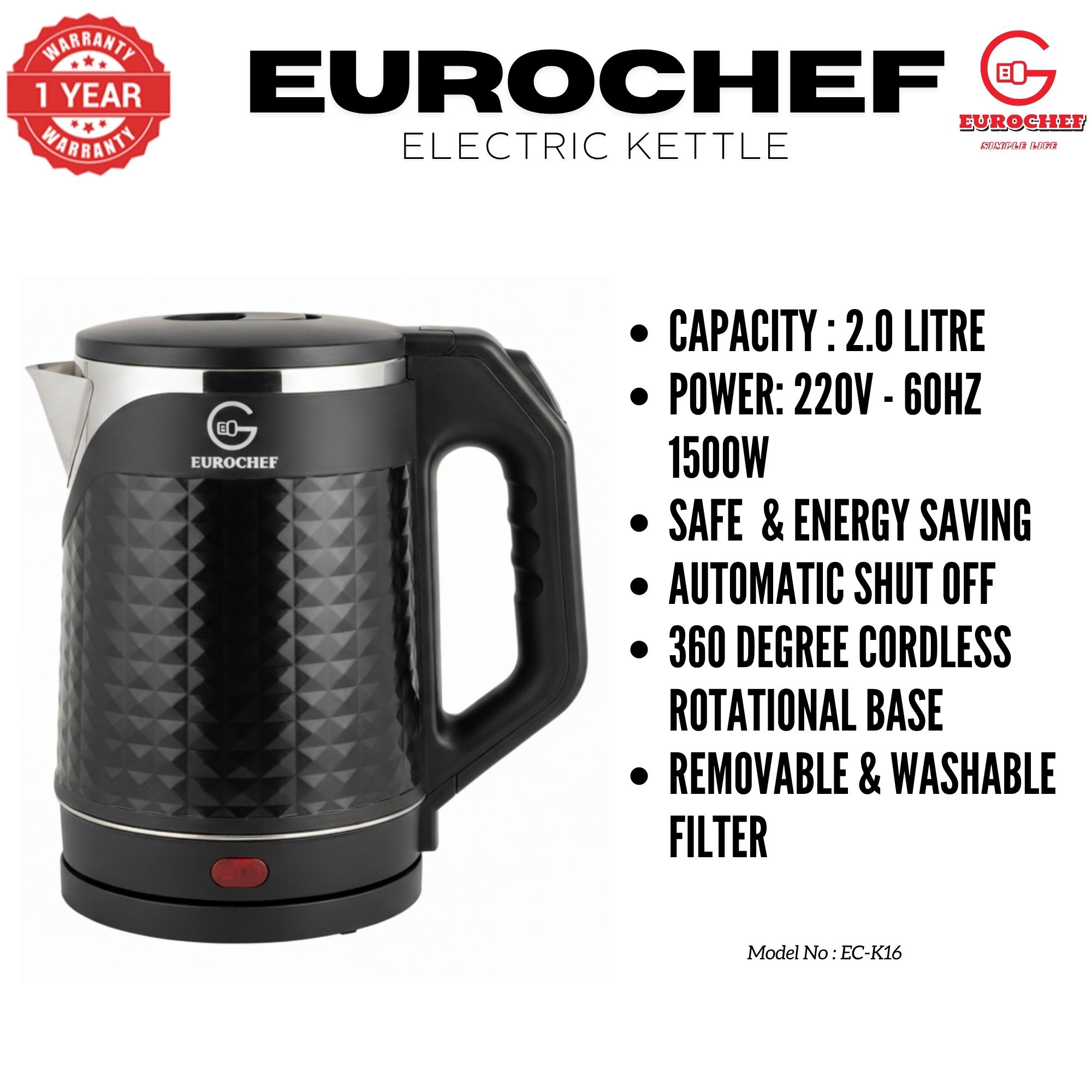 【Limited Offer】 EUROCHEF EC-K16  2 L Stainless steel Electric Cordless Kettle Electric Jug for boiling water Kitchen Appliaance