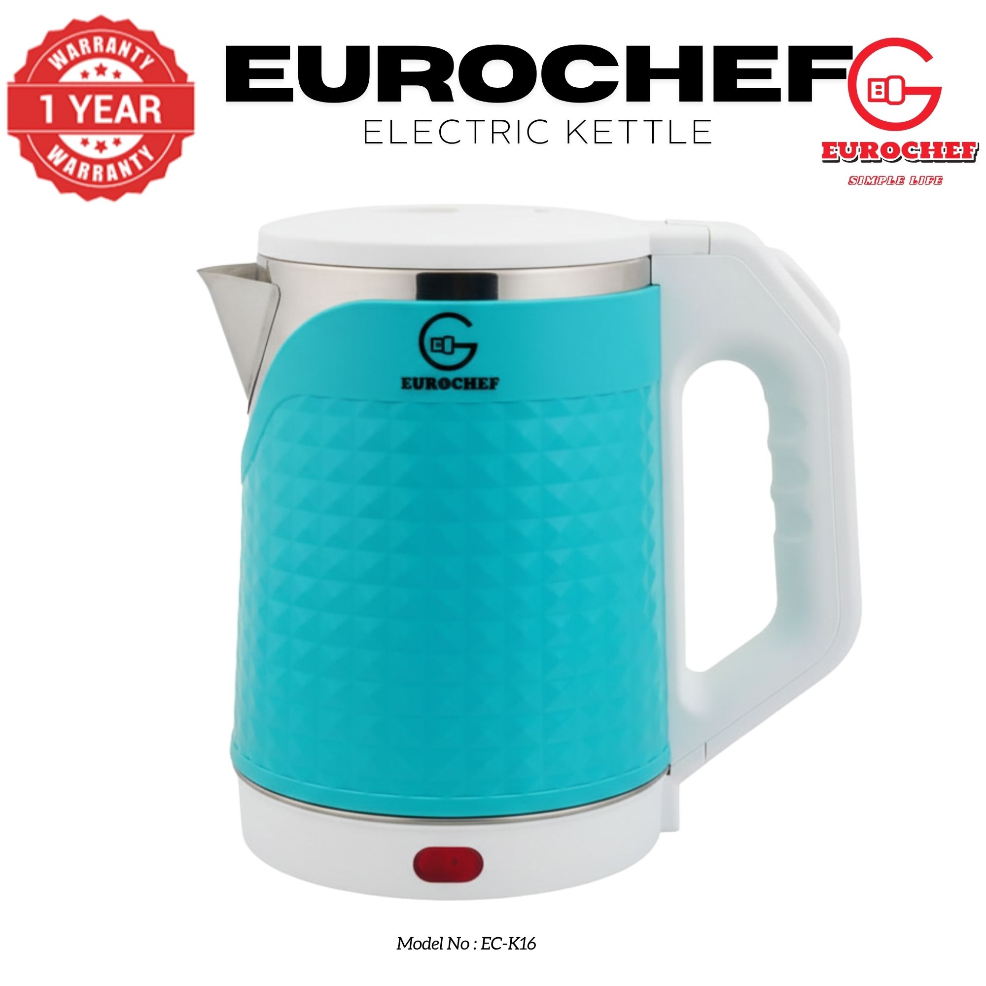 【Limited Offer】 EUROCHEF EC-K16  2 L Stainless steel Electric Cordless Kettle Electric Jug for boiling water Kitchen Appliaance