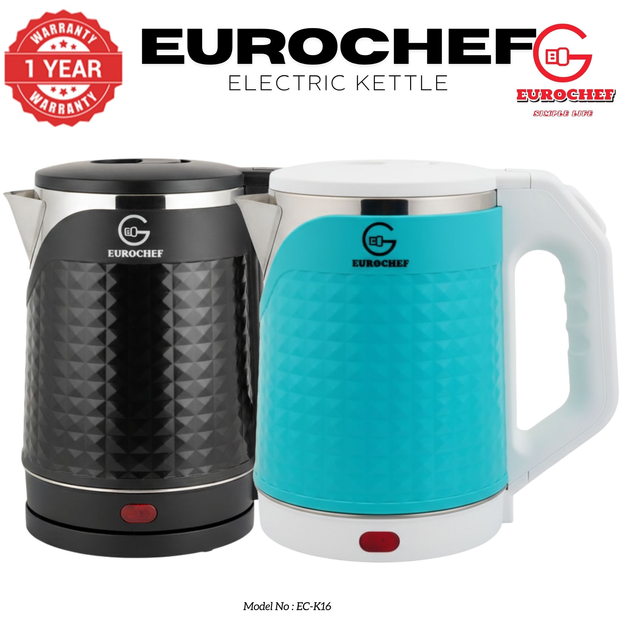 【Limited Offer】 EUROCHEF EC-K16  2 L Stainless steel Electric Cordless Kettle Electric Jug for boiling water Kitchen Appliaance