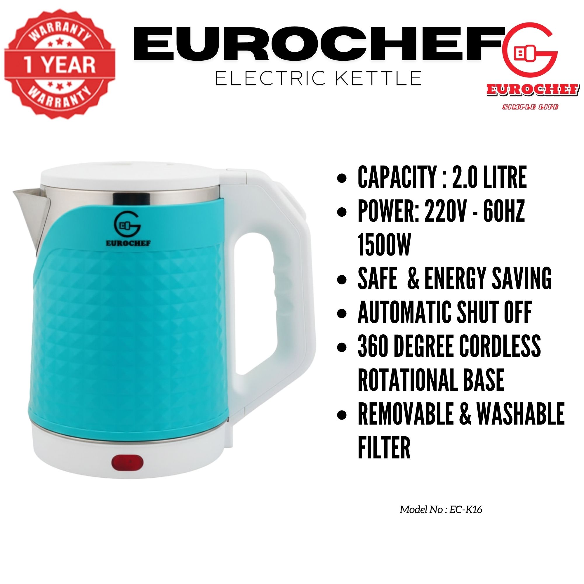 【Limited Offer】 EUROCHEF EC-K16  2 L Stainless steel Electric Cordless Kettle Electric Jug for boiling water Kitchen Appliaance