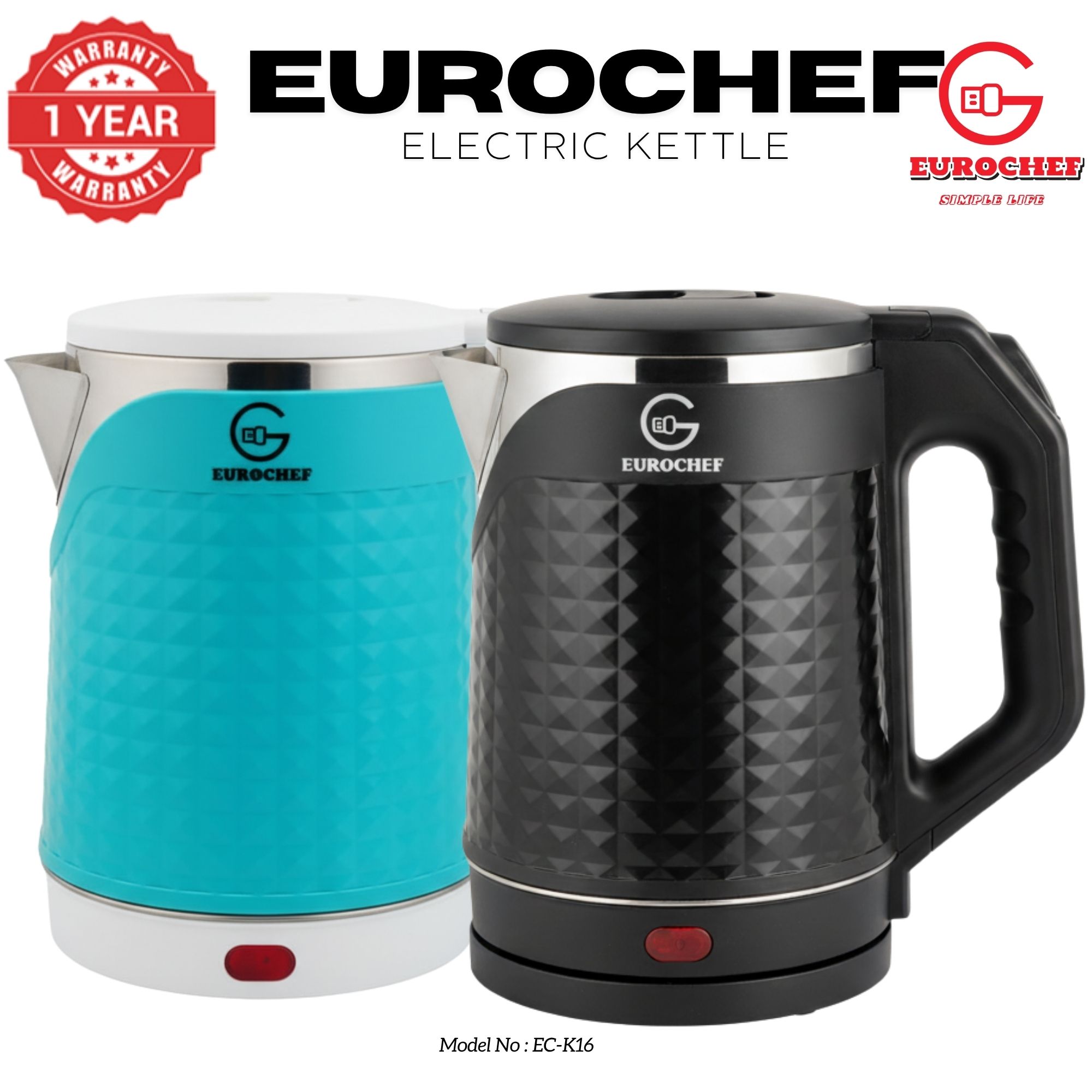 【Limited Offer】 EUROCHEF EC-K16  2 L Stainless steel Electric Cordless Kettle Electric Jug for boiling water Kitchen Appliaance