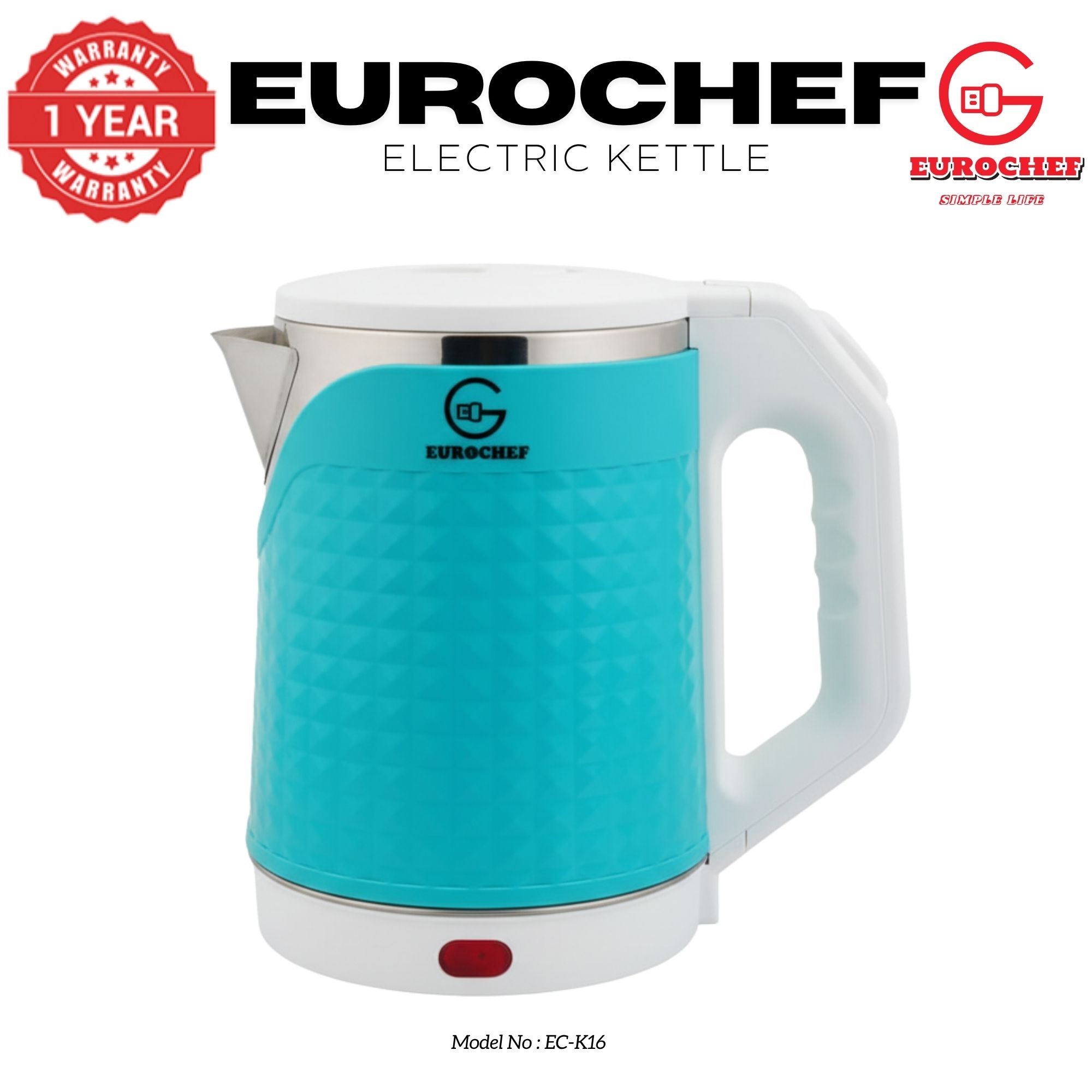 【Limited Offer】 EUROCHEF EC-K16  2 L Stainless steel Electric Cordless Kettle Electric Jug for boiling water Kitchen Appliaance