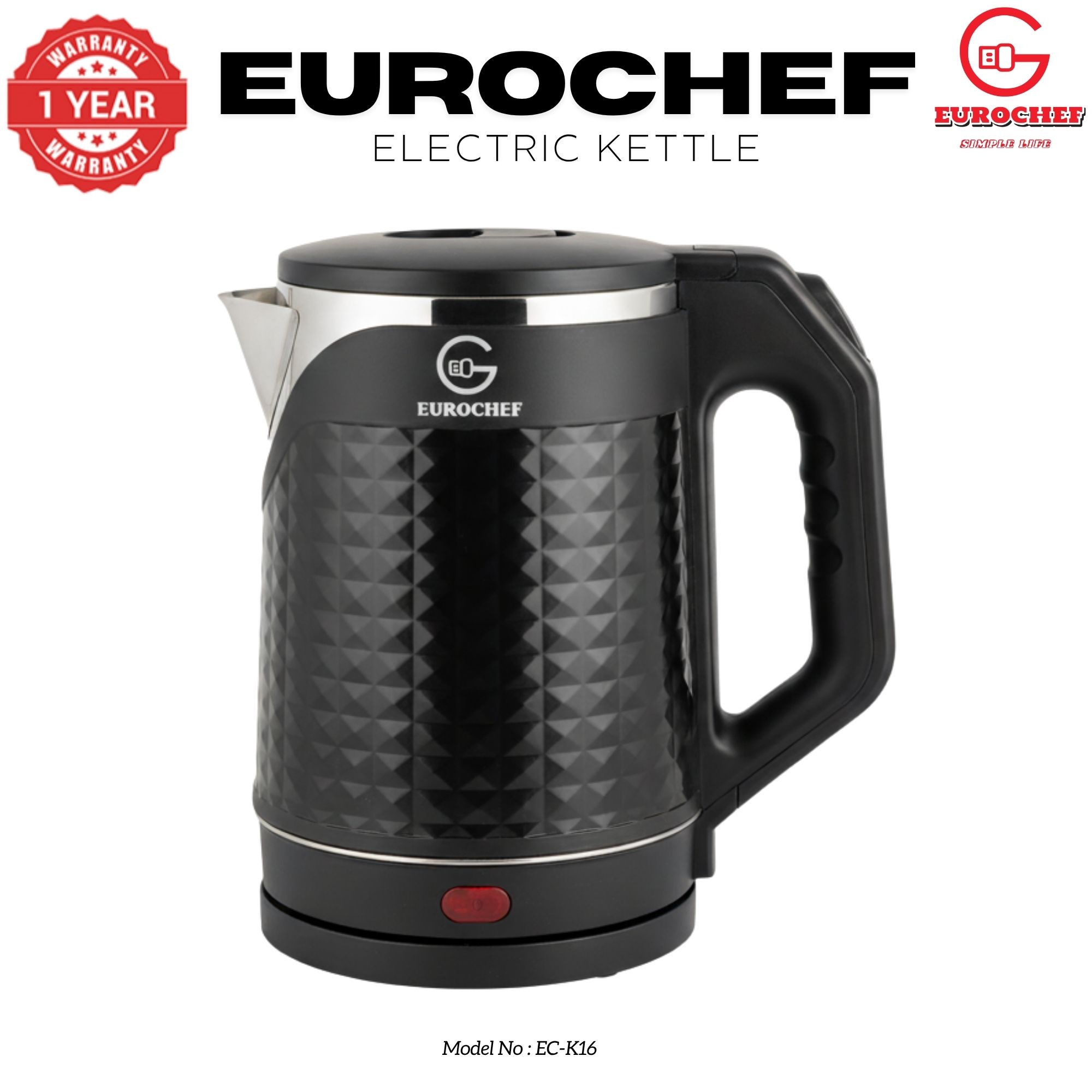 【Limited Offer】 EUROCHEF EC-K16  2 L Stainless steel Electric Cordless Kettle Electric Jug for boiling water Kitchen Appliaance