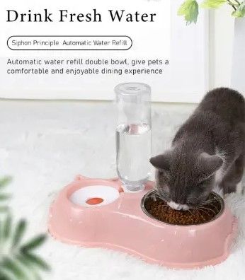 pet bowl , pet feeding bowl 2in1 Automatic doublr pet bowl plus water dispenser 500ml water storage capacity deal for cats and small dog breed Moisture proof mouth pad