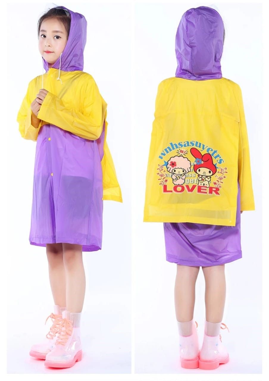 rain coat , Quality Kids/ pupils portable  pvc carton raincoat with hood with school bag pocket waterproof