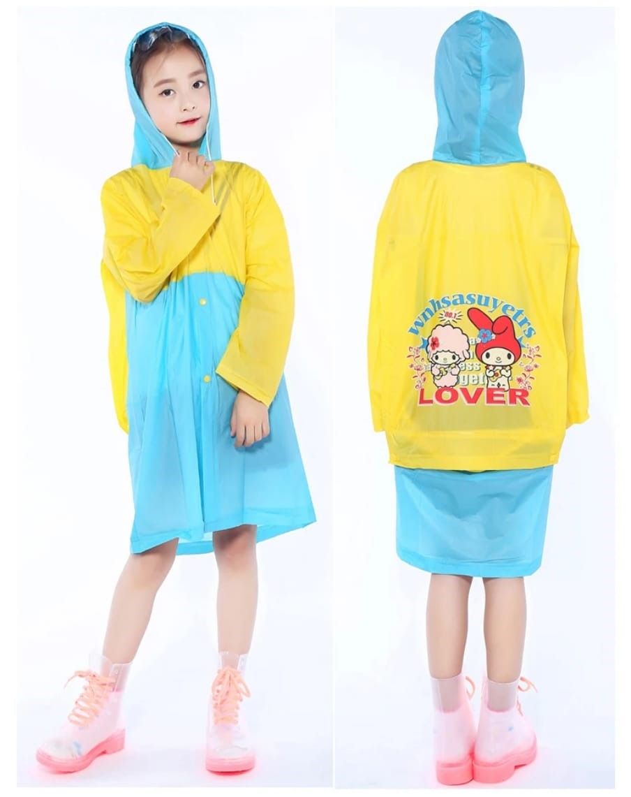 raincoat , Quality Kids/ pupils portable  pvc carton raincoat with hood with school bag pocket waterproof