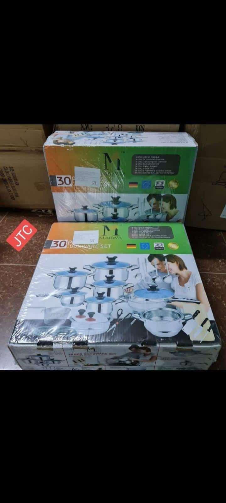 Cookware set , Marwa 30-piece stainless steel with glass lid cookware set

💥The set is made from durable stainless steel and features tight-fitting covers to seal in moisture and nutrients. 

💥It is