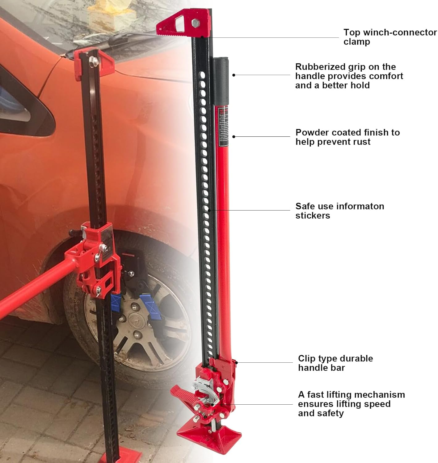 48-Inch High-Lift Ratchet Off-Road Utility Farm Jack, 6000 Pound/3 Ton Capacity in Red, Suitable for Farm, Automotive, Truck, Off-Road Vehicle, Jeep, SUV, and More. (48")