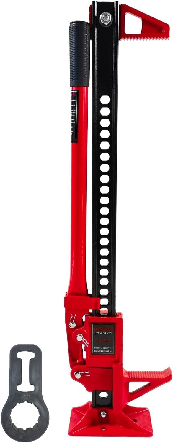 33 High Lift Ratcheting Off Road Utility Farm Jack, 6000lbs/3Ton Capacity Durable Steel Telescopic Quick Suppot Compatible with Car Lift, Red