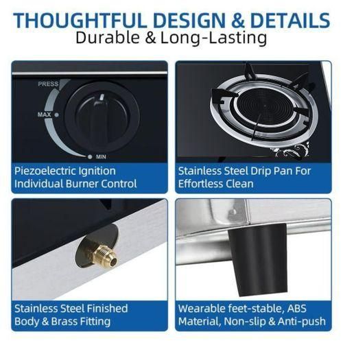 AILYONS 2 Burner Glass Top Gas Cooker & Infrared Double Burner-Black
