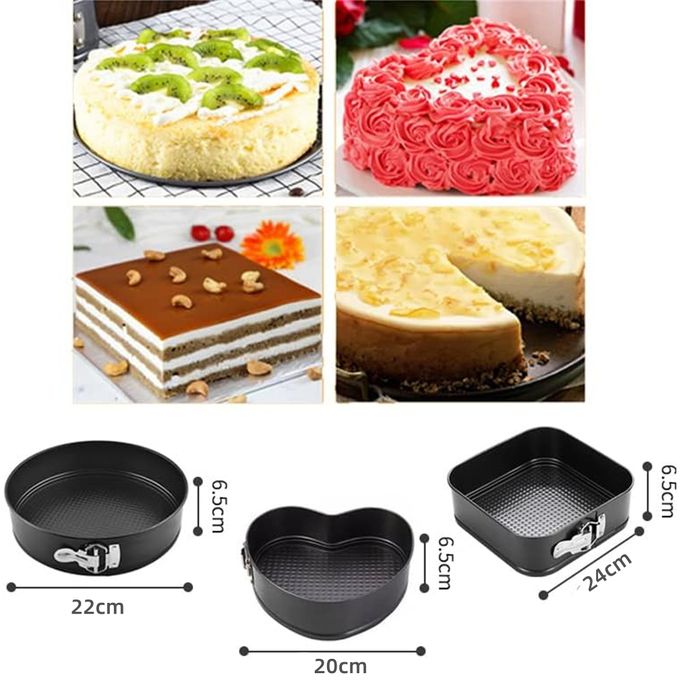 3Pcs Non Stick Cake Tray Mould Into Round, Heart, Square Set