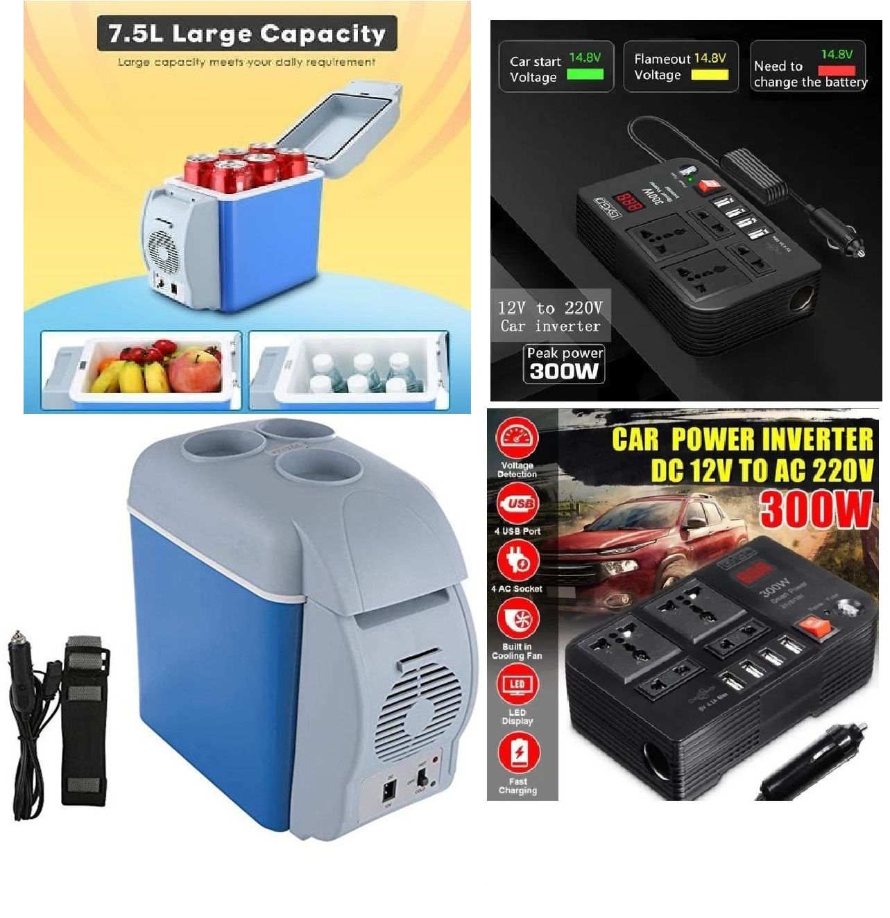 Portable Hot & Cold 7.5Ltrs Car Mini-refrigerator +300WTTS DC- AC 4 Sockets Car Inverter