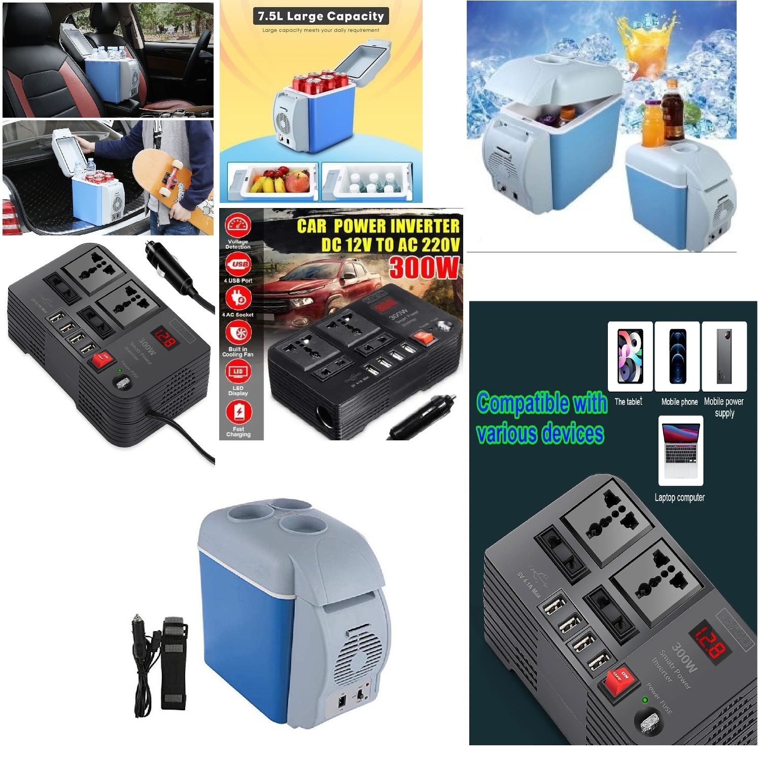 Portable Hot & Cold 7.5Ltrs Car Mini-refrigerator +300WTTS DC- AC 4 Sockets Car Inverter