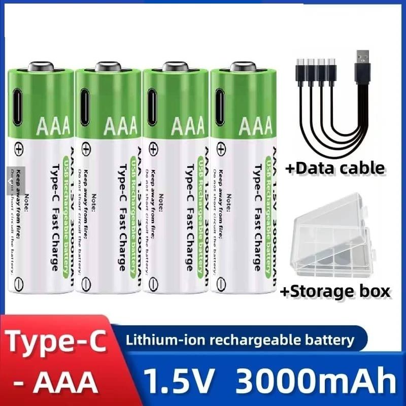 4PCS Rechargeable Lithium Ion Battery Fast Charging 1.5V AAA /AA 3000mAh Large Capacity with FREE USB Cable 1200 Times Reusable Lithium Battery