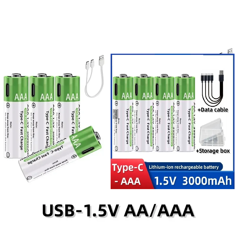 4PCS Rechargeable Lithium Ion Battery Fast Charging 1.5V AAA /AA 3000mAh Large Capacity with FREE USB Cable 1200 Times Reusable Lithium Battery