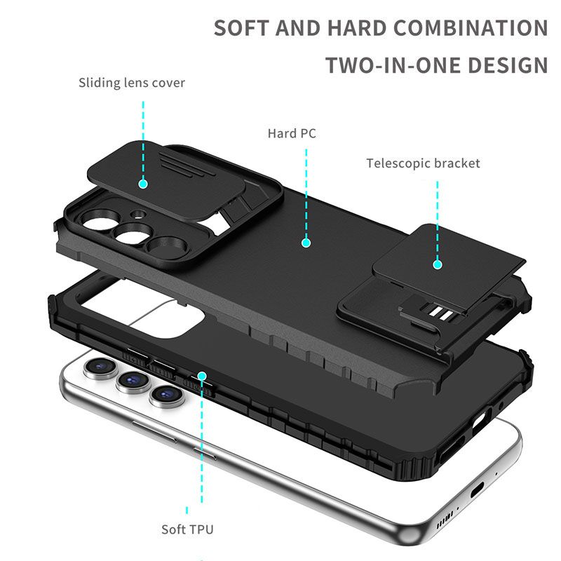 Luxury Slide Camera Lens Case For Samsung Galaxy A56 A36 A26 A16 A06 A55 A35 A25 A15 A05S A05 A54 A34 A24 A14 A04S A04E A04 M23 F23 M32 A73 A53 A33 A23 A13 Kickstand Shockproof Cover