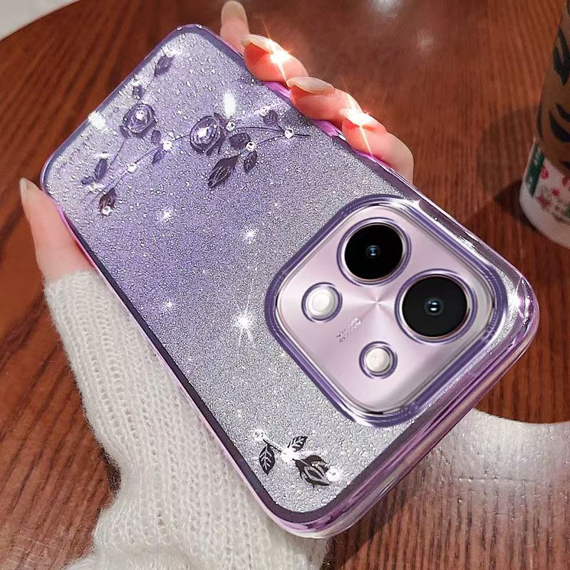 Luxury Rhinestone Glitter Floral Plating Transparent Cover For Vivo Y28 -4G Fall Protection Cover
