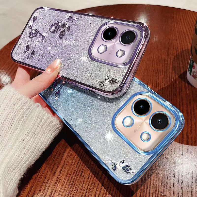 Luxury Rhinestone Glitter Floral Plating Transparent Cover For Vivo Y28 -4G Fall Protection Cover