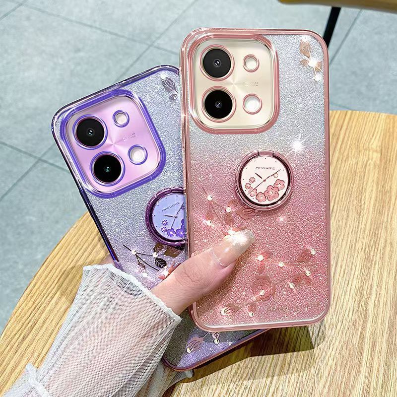 Luxury Rhinestone Glitter Floral Plating Transparent Cover For Vivo Y28 -4G Fall Protection Cover