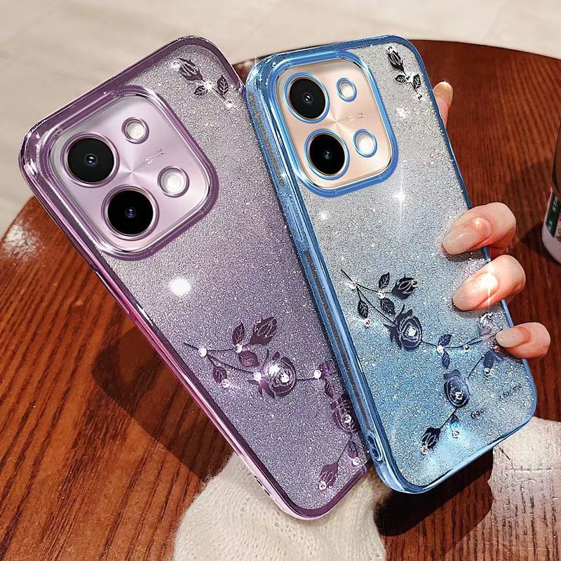 Luxury Rhinestone Glitter Floral Plating Transparent Cover For Vivo Y28 -4G Fall Protection Cover