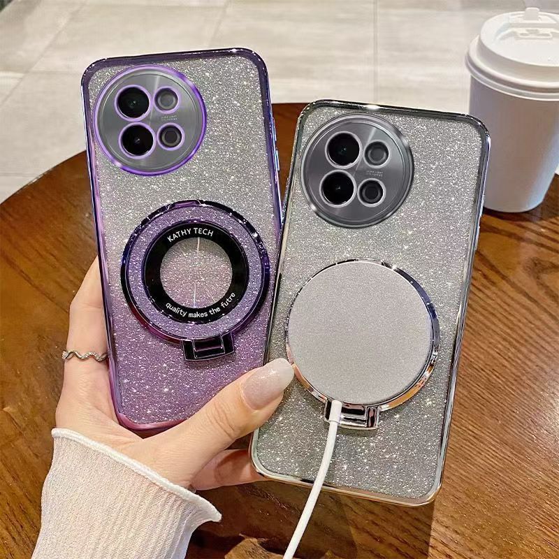 Luxury Transparent Glitter Powder Protective Cover For Vivo Y28 -4G Magnetic Support Phone Case