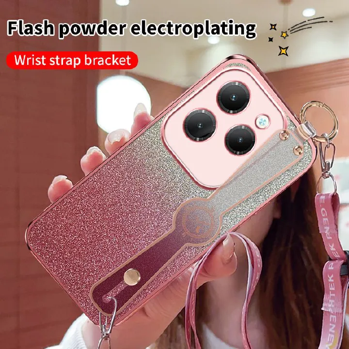 New - Wrist Strap Rope Transparent With Glitter Paper 2 in 1 Phone Case For Infinix Note 40 30 Pro 30i  30 VIP Smart 8 7 6 5 Hot 40 30 30i 30 Play Tecno Spark 10C 10 Pro Core Protective Back Cover