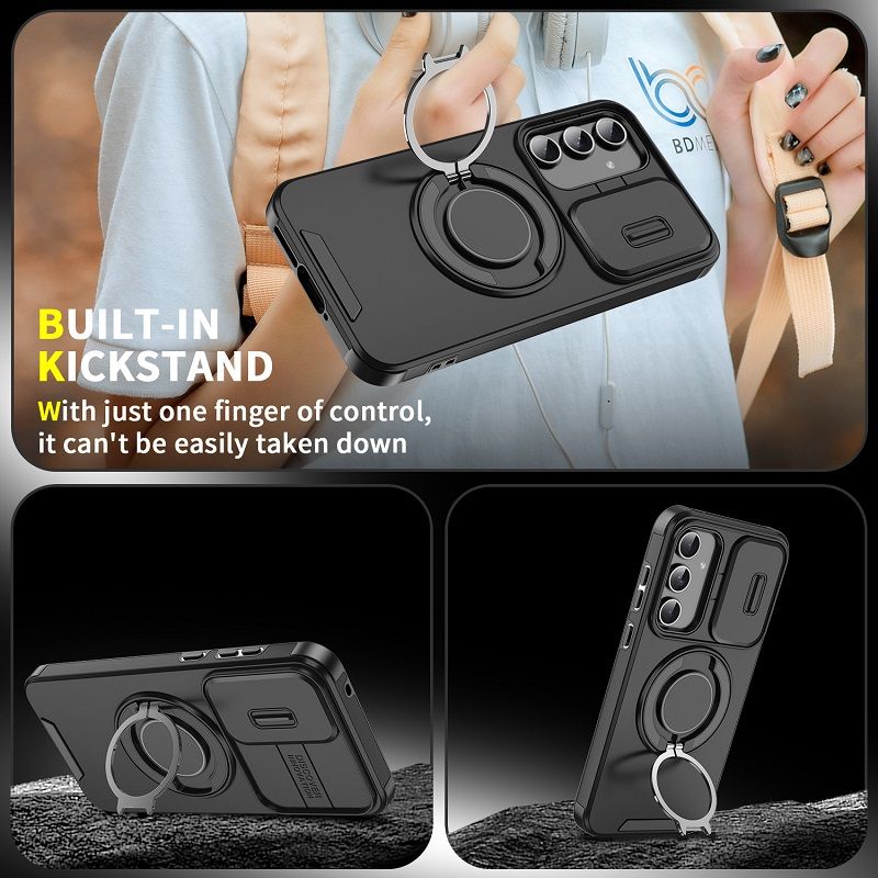 New - Luxury Slide Camera Lens Case For Samsung Galaxy A56 A36 A16 A06 A55 A35 A25 A15 A54 A14 A04S A23 A13 Car mounted magnetic Kickstand Shockproof Cover