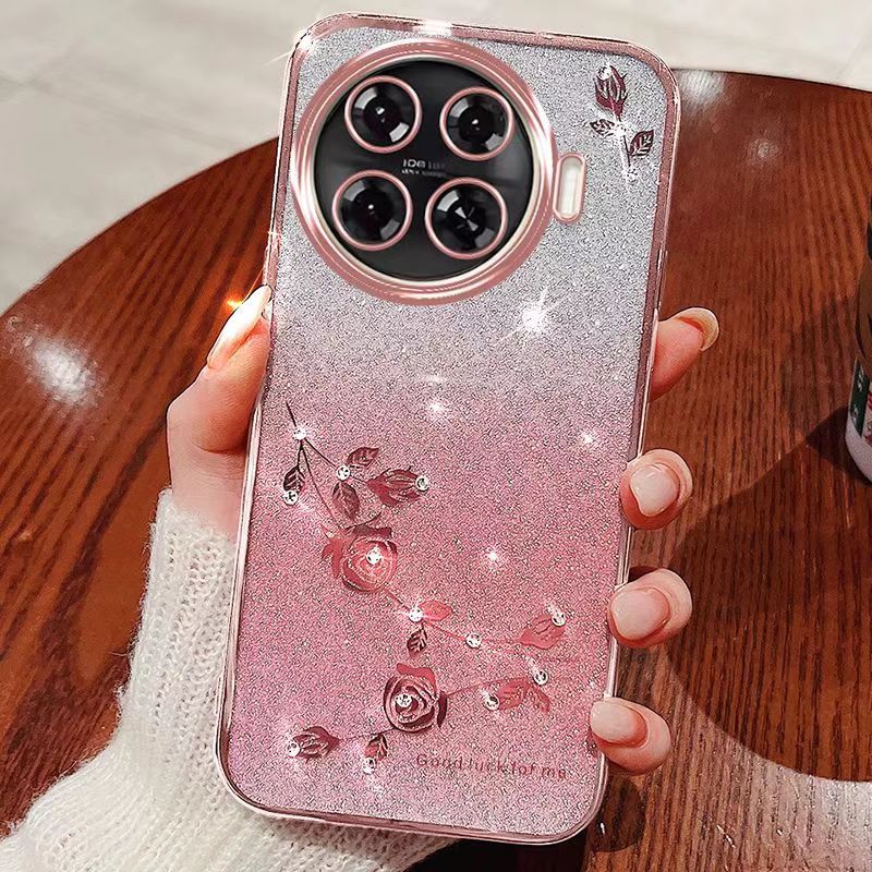 For Tecno Spark 20 Pro Plus Phone Case Flash Women's and Girls Pink Flower Transparent Shock Protection Luxury Diamond Shining