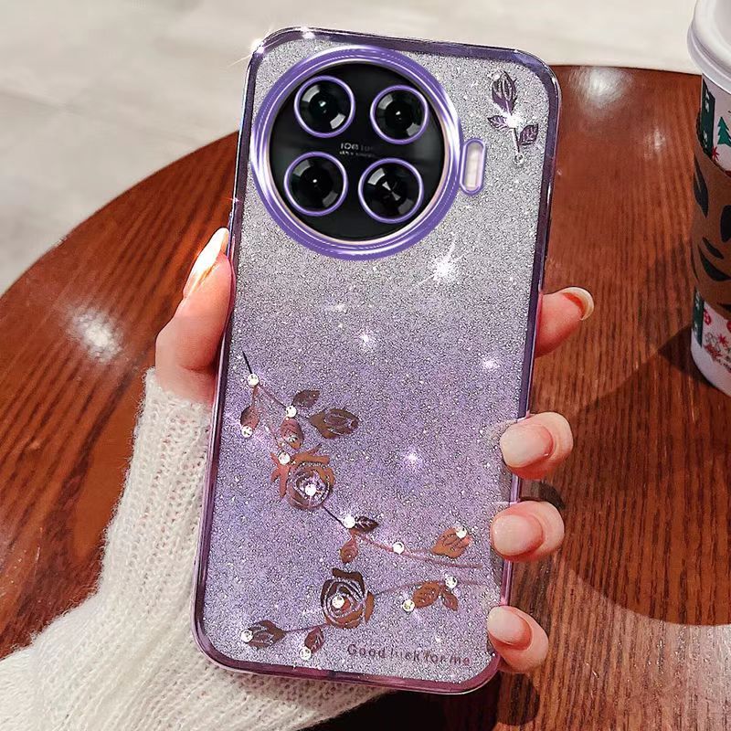 For Tecno Spark 20 Pro Plus Phone Case Flash Women's and Girls Pink Flower Transparent Shock Protection Luxury Diamond Shining