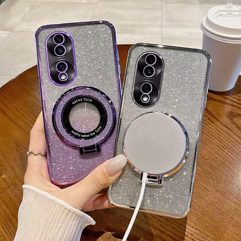 Luxury Magnetic Support Transparent Glitter Powder Phone Case For Honor 70 Protective Cover