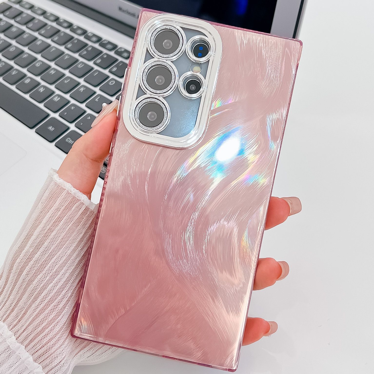 Phone Case for Samsung Galaxy S24 Ultra S23 Plus,iPhone 16 Pro Max 15 14 Plus 13 Pro Max Feather Yarn Feather Plating Lens Film Full Package Protective Cover