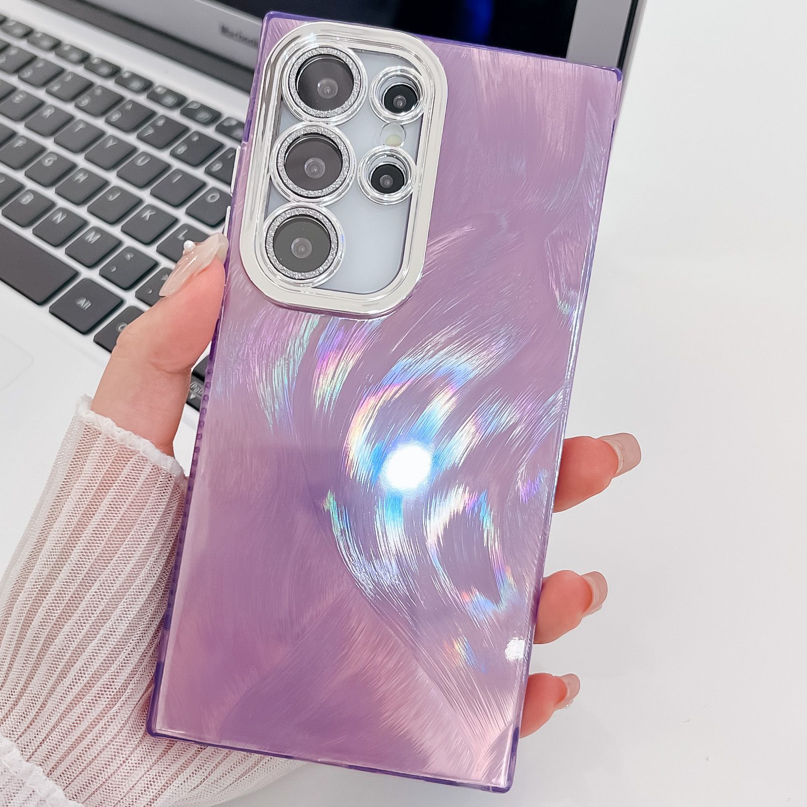 Phone Case for Samsung Galaxy S24 Ultra S23 Plus,iPhone 16 Pro Max 15 14 Plus 13 Pro Max Feather Yarn Feather Plating Lens Film Full Package Protective Cover