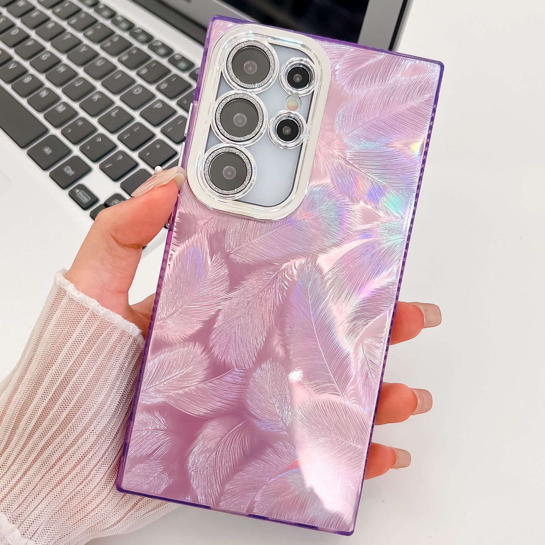 Phone Case for Samsung Galaxy S24 Ultra S23 Plus,iPhone 16 Pro Max 15 14 Plus 13 Pro Max Feather Yarn Feather Plating Lens Film Full Package Protective Cover