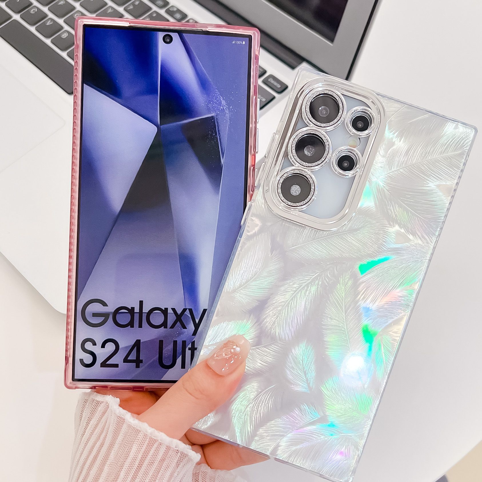 Phone Case for Samsung Galaxy S24 Ultra S23 Plus,iPhone 16 Pro Max 15 14 Plus 13 Pro Max Feather Yarn Feather Plating Lens Film Full Package Protective Cover