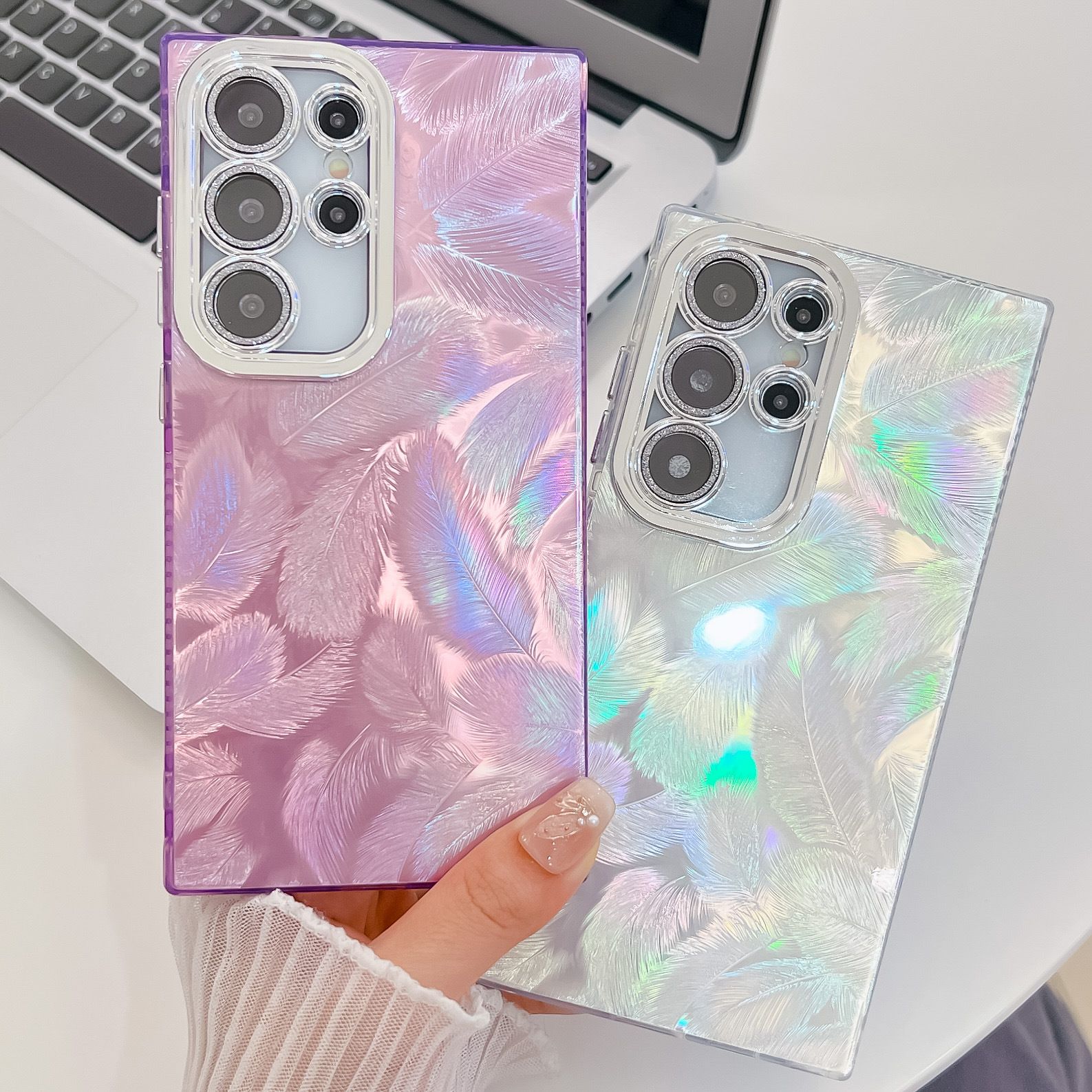 Phone Case for Samsung Galaxy S24 Ultra S23 Plus,iPhone 16 Pro Max 15 14 Plus 13 Pro Max Feather Yarn Feather Plating Lens Film Full Package Protective Cover