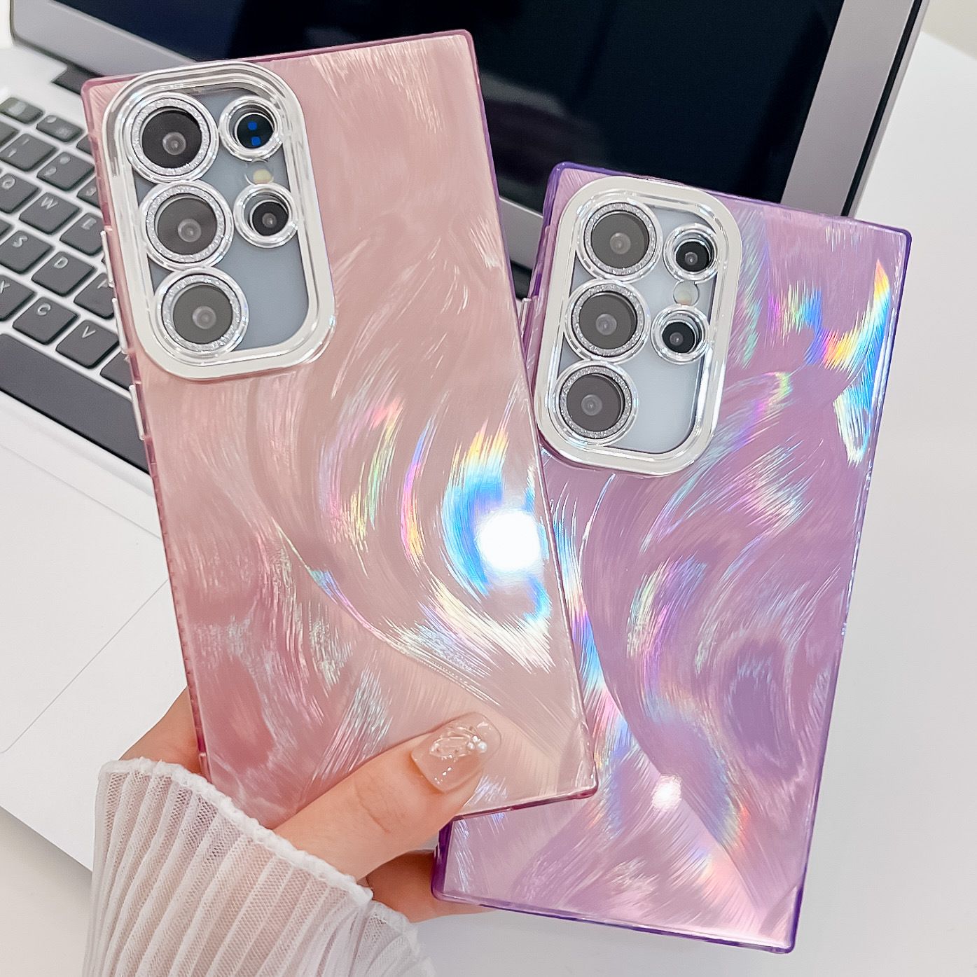 Phone Case for Samsung Galaxy S24 Ultra S23 Plus,iPhone 16 Pro Max 15 14 Plus 13 Pro Max Feather Yarn Feather Plating Lens Film Full Package Protective Cover