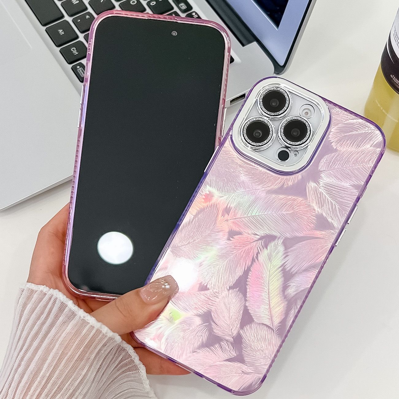 Phone Case for Samsung Galaxy S24 Ultra S23 Plus,iPhone 16 Pro Max 15 14 Plus 13 Pro Max Feather Yarn Feather Plating Lens Film Full Package Protective Cover