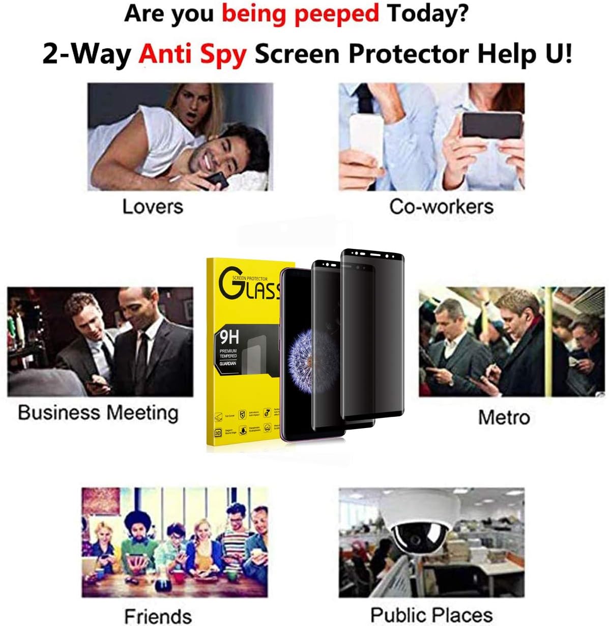2 Pcs Galaxy S9 Plus Privacy Screen Protector, Anti Spy Case Friendly 9H Hardness Tempered Glass Screen Protector for Samsung Galaxy S9 Plus / S9+, [Anti-scratch] [No Bubble]